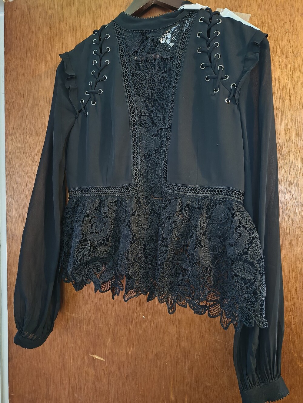 Self-Portrait Floral Guipure Blouse Black Lace Up Long Sleeve Women's Size 6 NWT